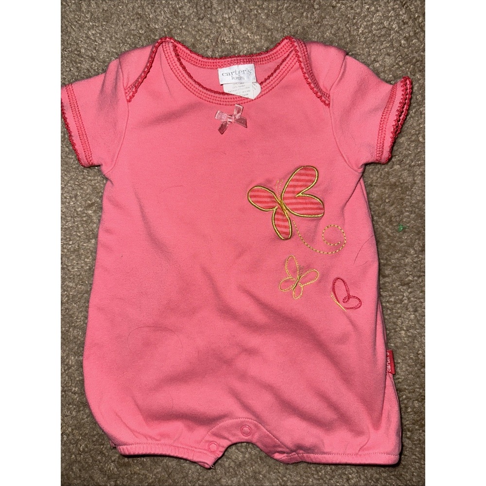 Vtg Carter's Kids Girls Sz 0-3 M Coral S/S Romper with‎ Embroidered Butterflies
